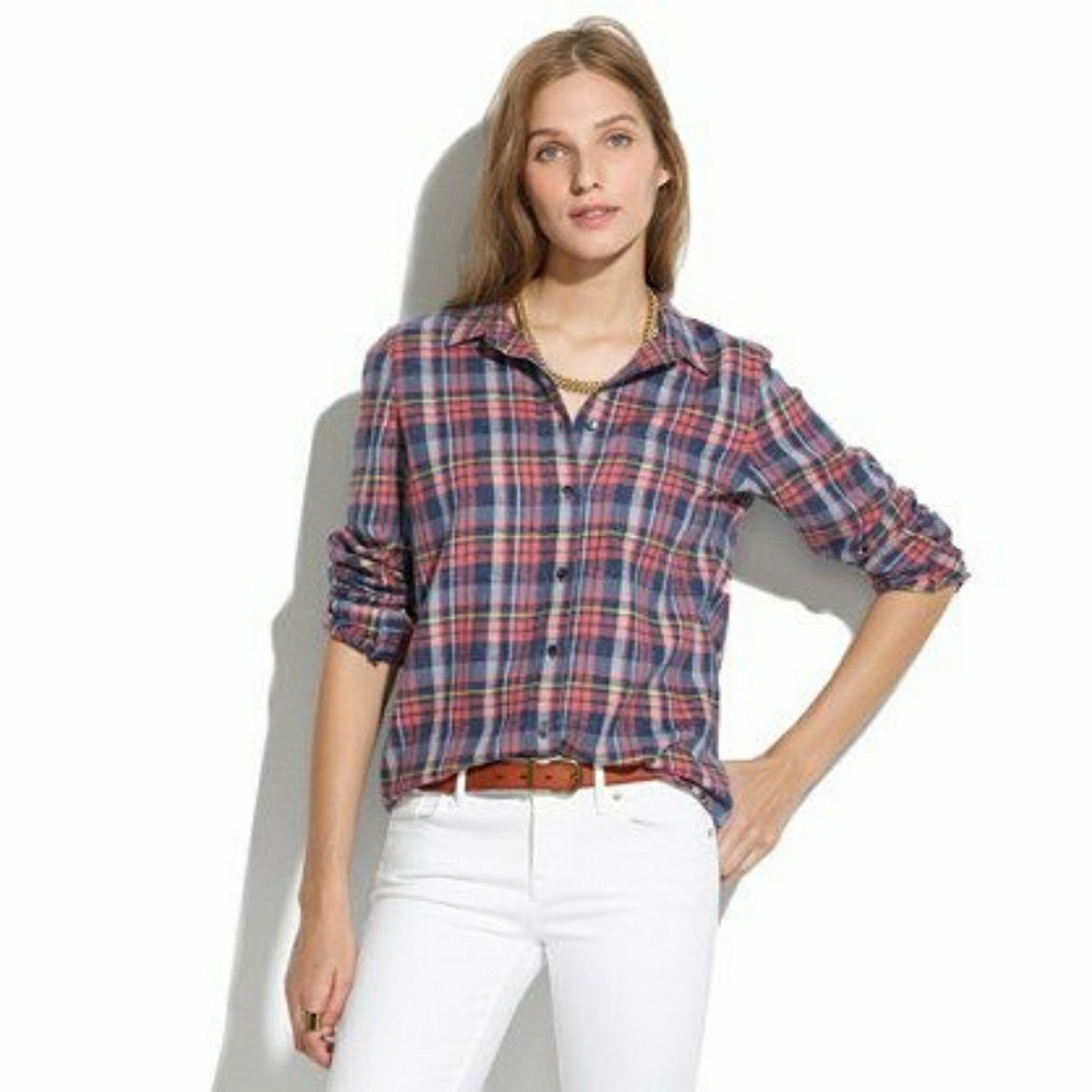 madewell flannel plaid boyshirt in rose tartan